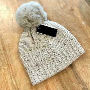 Beige Knit Beanie with Pom Pom